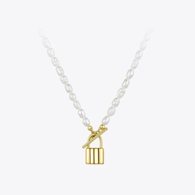 Fayina - Gold Lock Natural Pearl Charm Necklace Choker