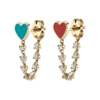 Romochka - Enamel Heart & Pearl Tassel Chain Stud Earrings