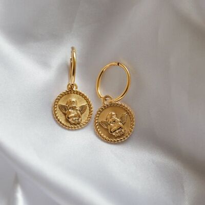 Kiki - Baby Angel Gold Coin Hoop Earrings