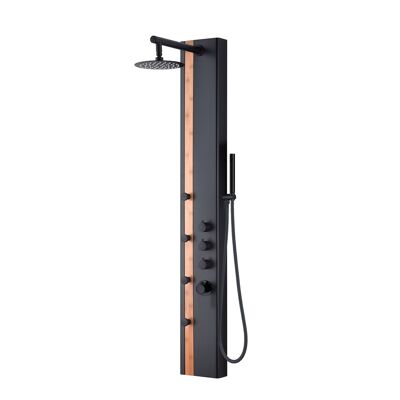 XXL shower panel in black matt with thermostat and real bamboo insert