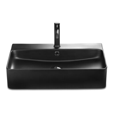 Lavabo Berlin 60x42 de la mejor cerámica para instalar a pared o como lavabo sobre encimera con orificio para grifería en negro mate