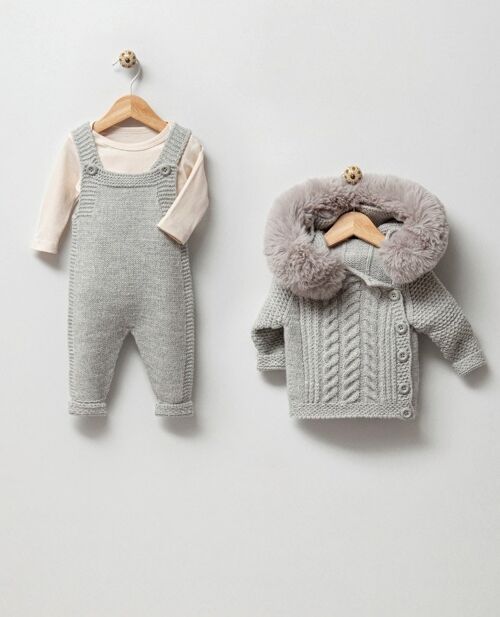 Wool and Cotton Combined Fur collar  0-1Y Coat and Salopet Set