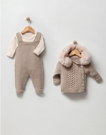 Ensemble manteau et salopette combinés en laine et coton avec col en fourrure 0-1 ans 3