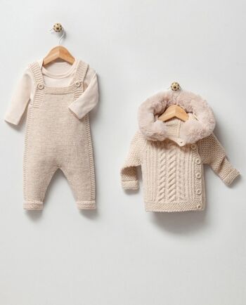 Ensemble manteau et salopette combinés en laine et coton avec col en fourrure 0-1 ans 4