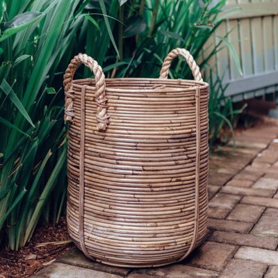 Cesta para la ropa sucia de ratán redonda - Cesta para plantas de ratán - Cesta boho grande - Cesta decorativa redonda hecha a mano de ratán natural (2 tamaños Ø 35/40 cm) OTERE