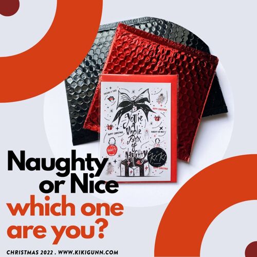 "BOX OF NAUGHTY"  Naughty or Nice Christmas card design. Santa Red.