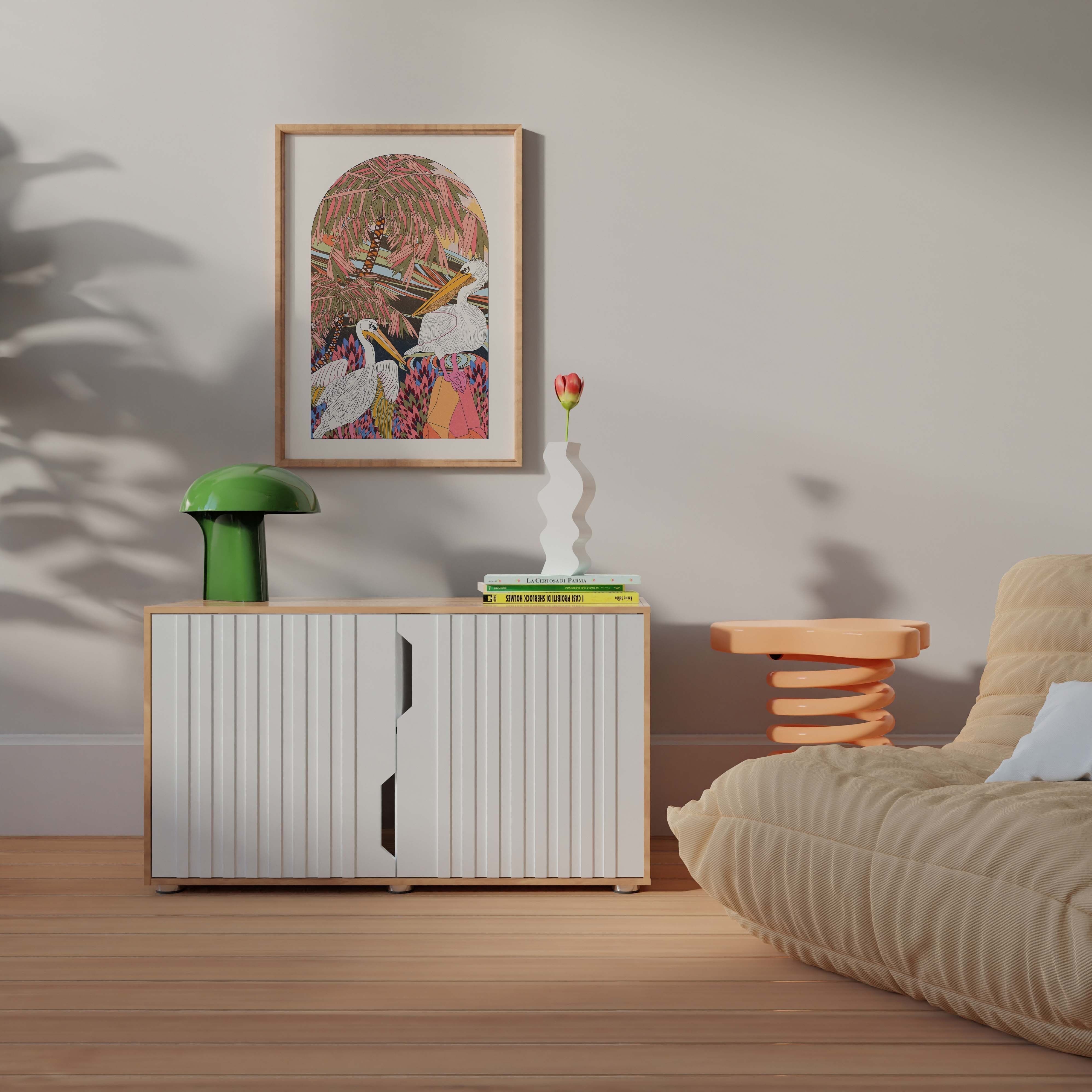 Stampa artistica retrò in stile boho con uccelli e piante tropicali di pellicani