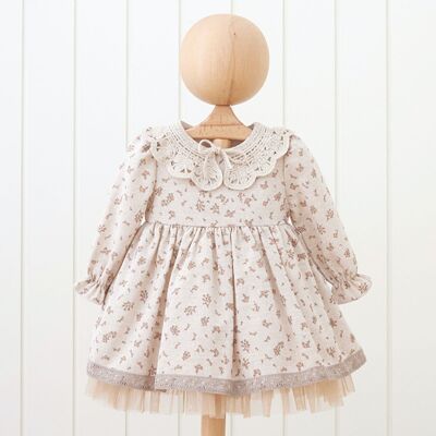 Liz 100% Cotton Classic Style Natural  Flower Dress in Beige