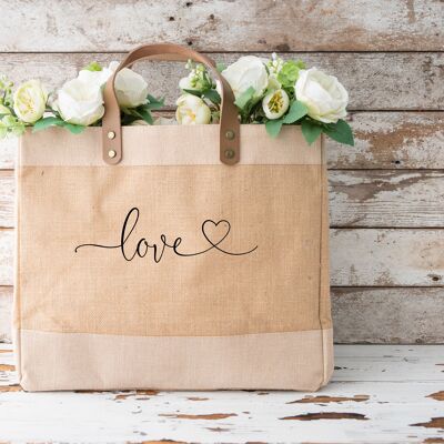Liebe. Wunderschöner, luxuriöser, großer Markttaschen-Shopper aus Jute und Leder