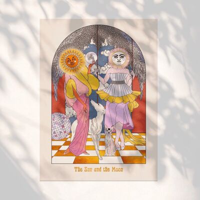Der himmlische Tarot-Kunstdruck „Die Sonne und der Mond“ im Boho-Stil