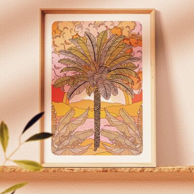 Stampa artistica di vibrazioni tropicali della palma Boho Chic di Sunset Palm