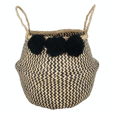 BASKET WITH HANDLES CANTHO NATURAL & BLACK IN SEAGRASS 3 POMPOMS DIAMETER 35CMXHT35CM