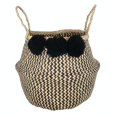 CESTA CON ASAS CANTHO NATURAL & BLACK EN SEAGRASS 3 POMPONES DIAMETRO 35CMXHT35CM