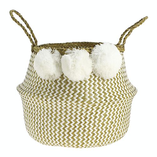 PANIER PLIABLE EN JONC DE MER NATUREL & BLANC AVEC POMPONS BLANC DIAMETRE 35XHT35CM CANTHO