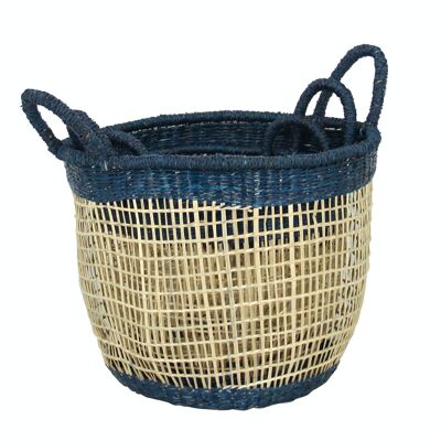 SET OF 3 NATURAL & BLUE BASKETS IN SEAGRASS DIAMETER 28/32X26/29X24CM SEKONG