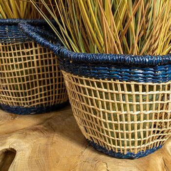 SET DE 3 PANIERS NATUREL & BLEU EN SEAGRASS DIAMETRE 28/32X26/29X24CM SEKONG 2