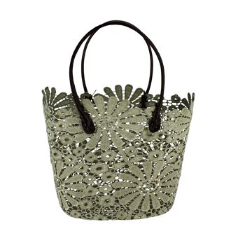 PANIER EN DENTELLE VERT D EAU AVEC DES ANSES NOIRES 38X25X30CM LICHEN 1