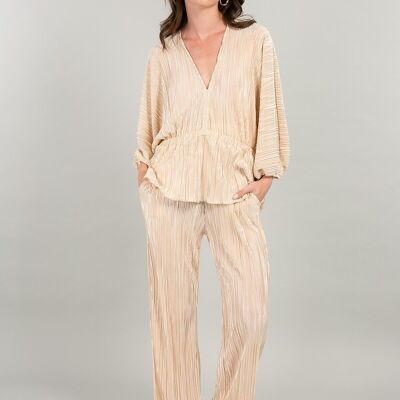 BEIGE ribbed blouse and pants set - RIVRA