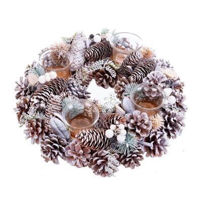 CHRISTMAS - 4 ROUND CANDLE HOLDERS SNOW PINE CONES CT720820