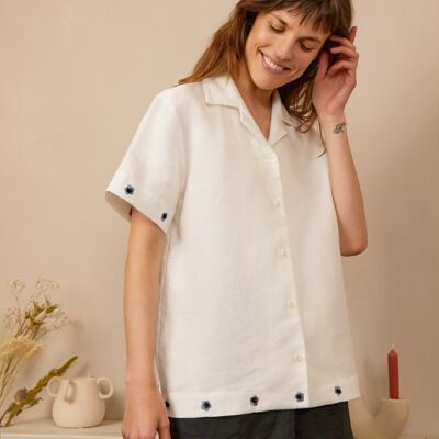 Dotted Flowers Embroidered Irish Linen Cuban Shirt