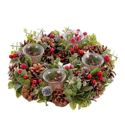 CHRISTMAS - 4 ROUND CANDLE HOLDERS HOLLY PINES CT720840
