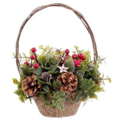 CHRISTMAS - BASKET WITH HANDLES PINE CONES HOLLY CT720845