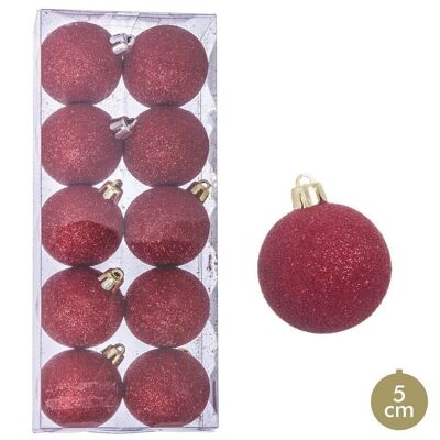 NOËL - S/10 BOULES À PAILLETTES EN PLASTIQUE ROUGE CT111298