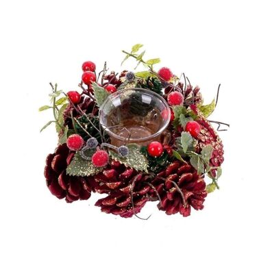 CHRISTMAS - ROUND CANDLE HOLDER PINE CONES HOLLY CT720851