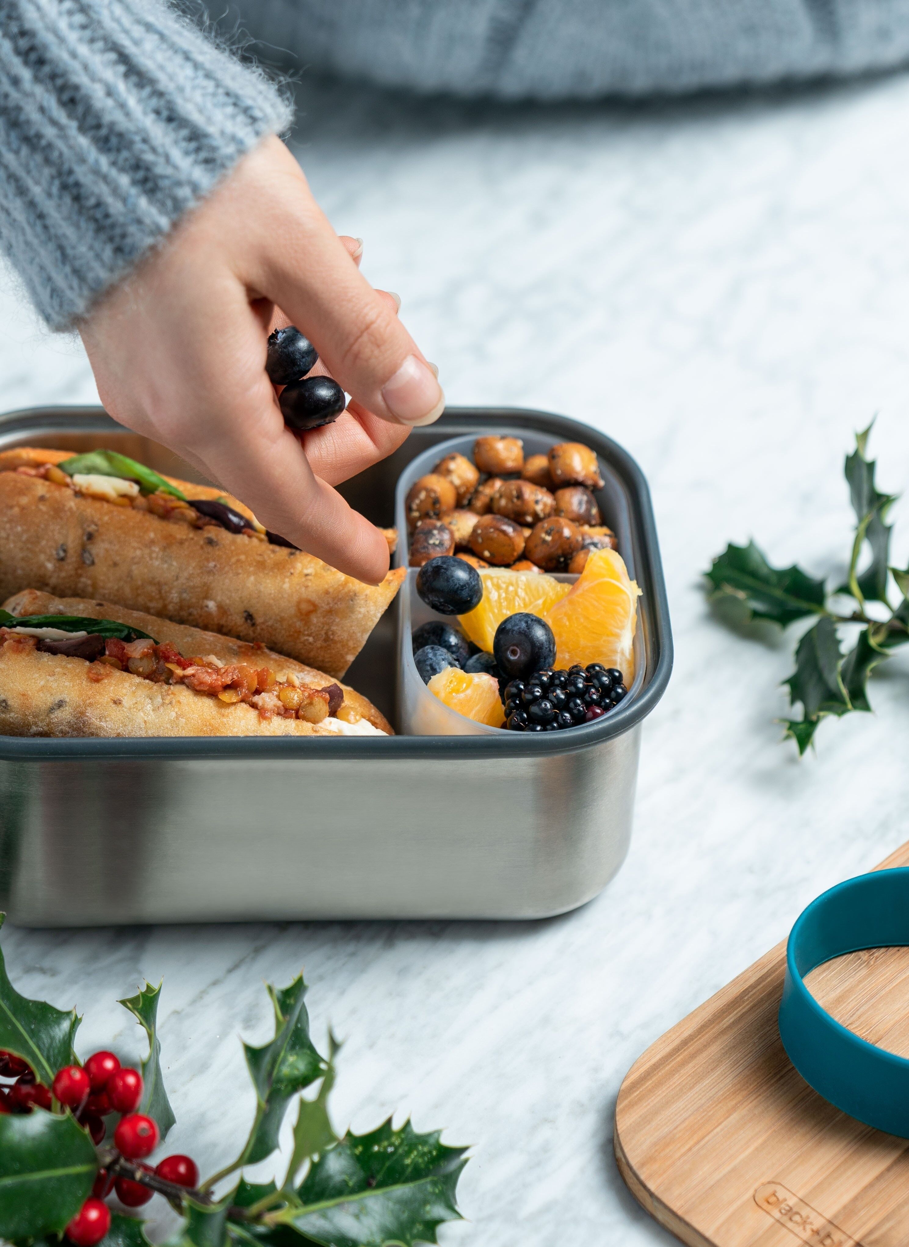 Lunch Box - Boîte à sandwich hermétique en acier inoxydable avec couvercle et compartiment en bambou 1,25 L - Océan