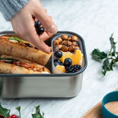 Lunchbox – Sandwichbox aus Edelstahl, luftdicht, mit Bambusdeckel und Fach, 1,25 l – Ocean