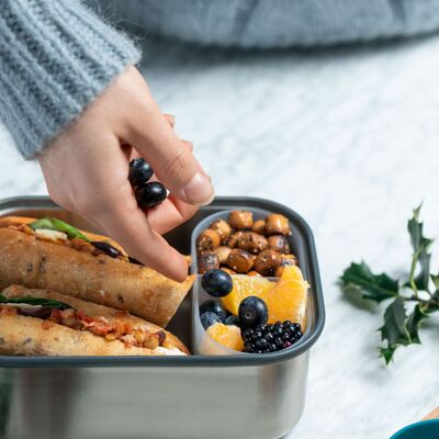 Lunchbox – Sandwichbox aus Edelstahl, luftdicht, mit Bambusdeckel und Fach, 1,25 l – Ocean
