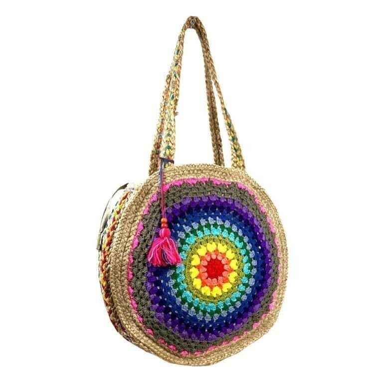 Borsa a Spalla Circolare da Donna in Juta e Crochet fatta a mano