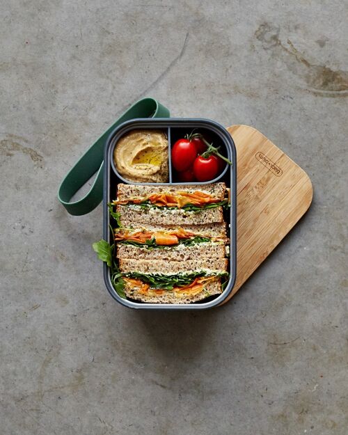 Lunch Box - Stainless Steel Airtight Sandwich Box with Bamboo Lid and Compartment 1.25L - Olive