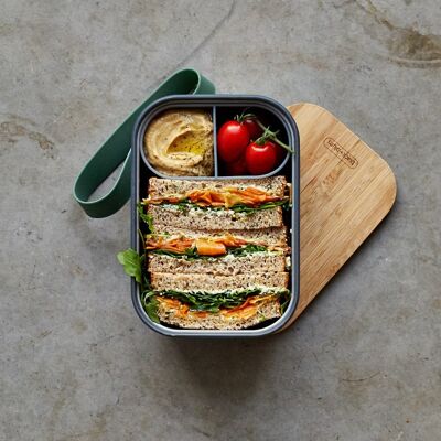 Lunchbox – Sandwichbox aus Edelstahl, luftdicht, mit Bambusdeckel und Fach, 1,25 l – Olive