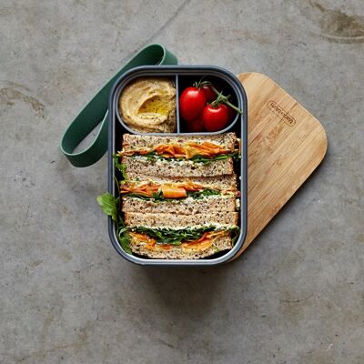 Lunch Box - Stainless Steel Airtight Sandwich Box with Bamboo Lid and Compartment 1.25L - Olive
