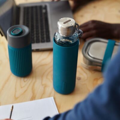 Glass Water Bottle - Leak Proof Glass Water Bottle With Protective Silicone Sleeve 600ml - Ocean