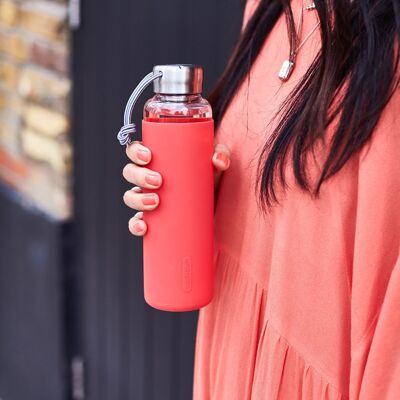 Glass Water Bottle - Leak Proof Glass Water Bottle With Protective Silicone Sleeve 600ml - Coral