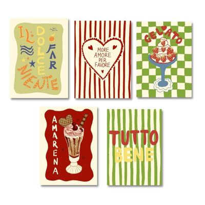 POSTCARD SET OF 5 CARDS - ITALY, GELATO & AMORE