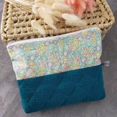 Sacchetto Liberty e doppia garza trapuntata blu anatra, borsa per il trucco, borsa da toilette, borsa per accessori per bambini, idea regalo per la festa della mamma