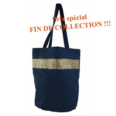 Shopping bag in lined cotton and navy blue sequins