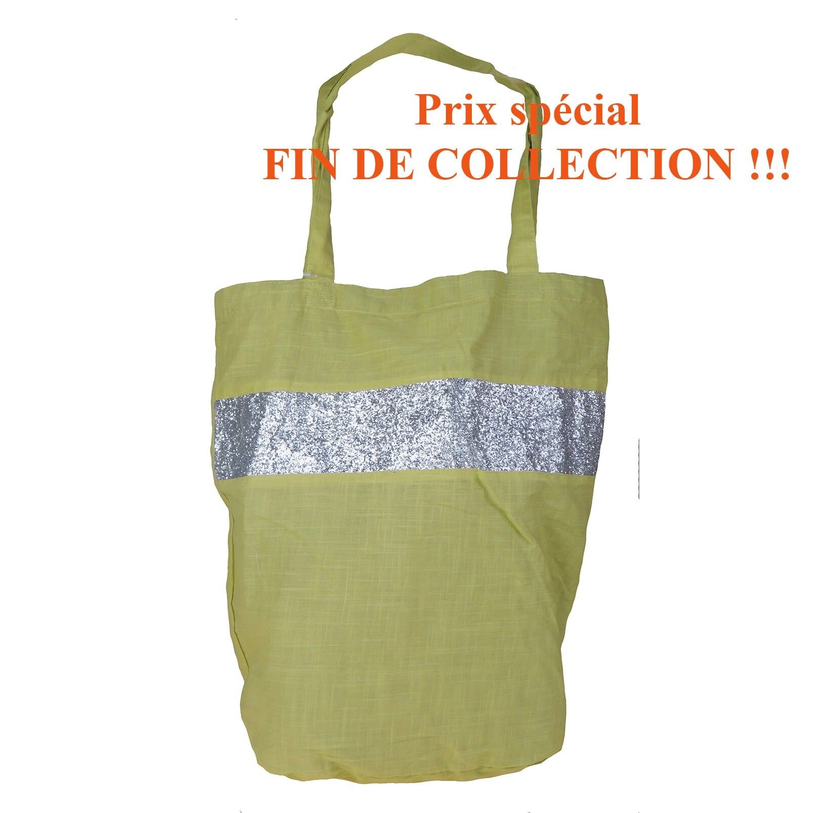 Borsa in cotone foderata e paillettes argento, colore verde oliva