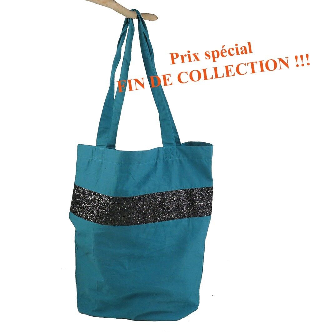shopping bag in cotone foderato, e paillettes nere, colore blu petrolio