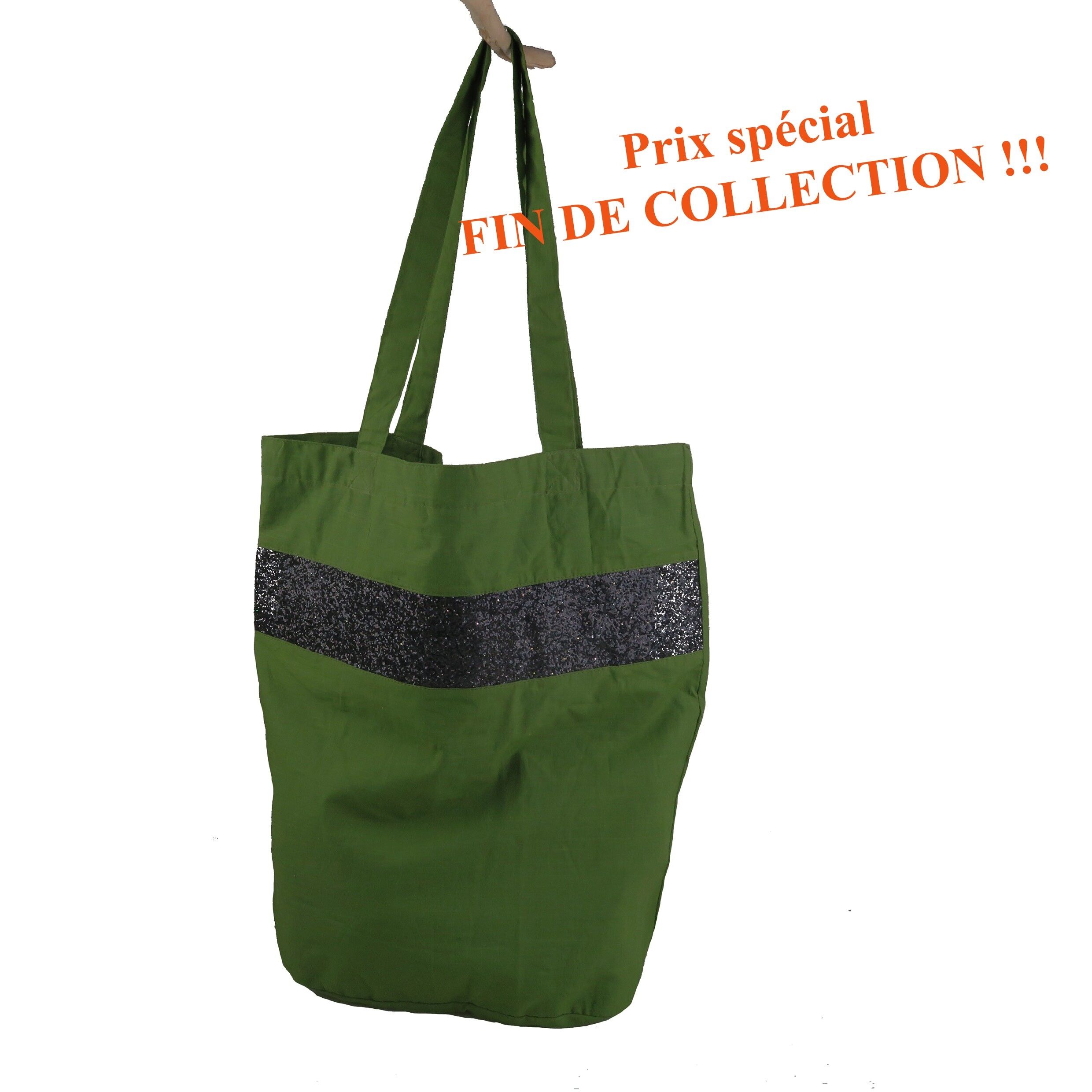Borsa shopping in cotone, paillettes verdi e nere