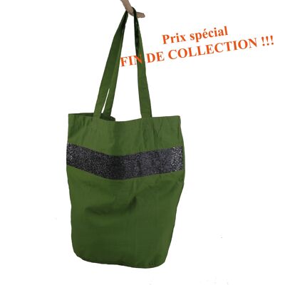 Shopping bag in cotton, green, and black sequins