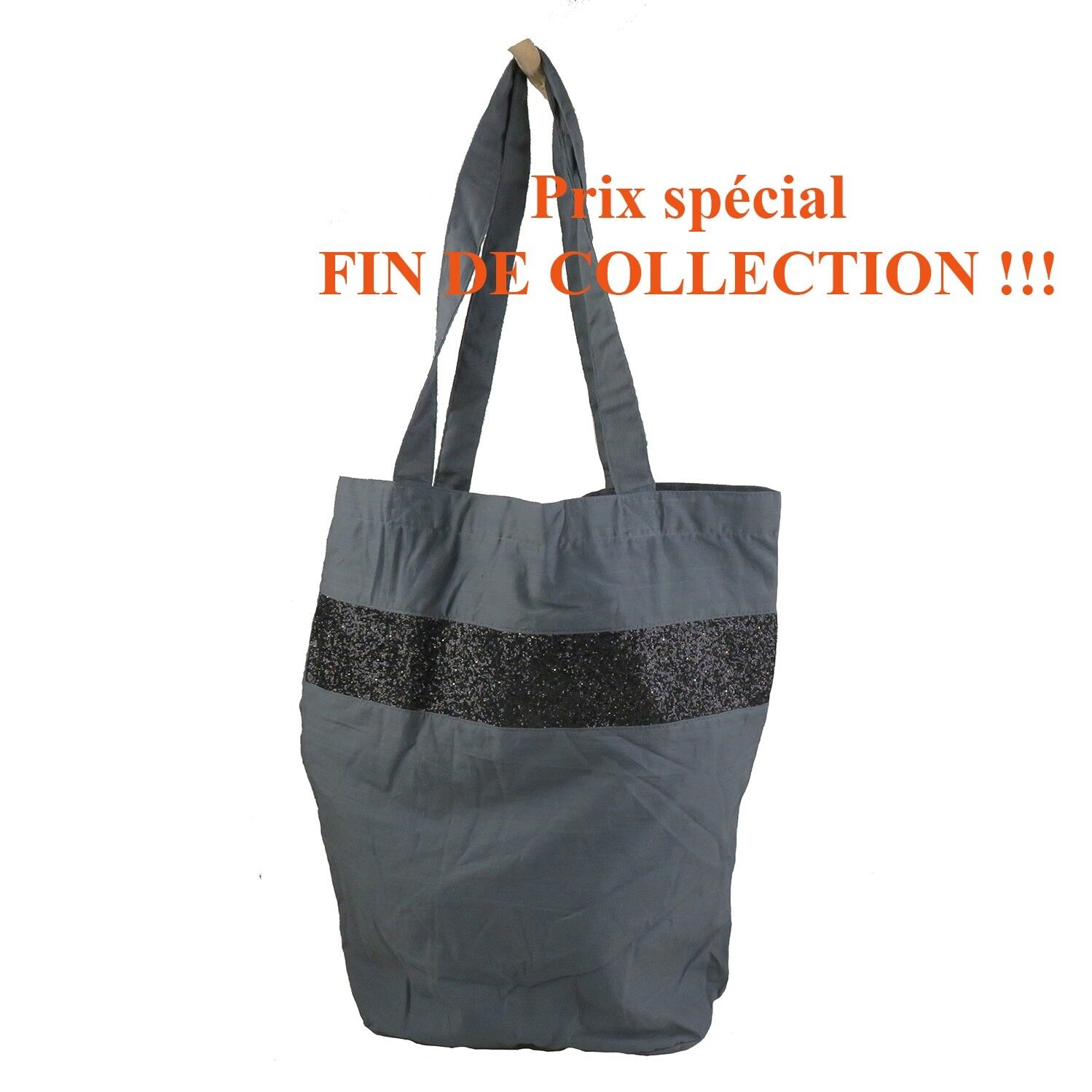 Borsa shopping in cotone foderato, colore: grigio, e paillettes nere