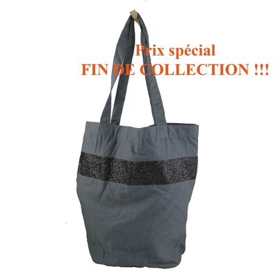 Shopping bag de algodón forrado, color: gris, y lentejuelas negras
