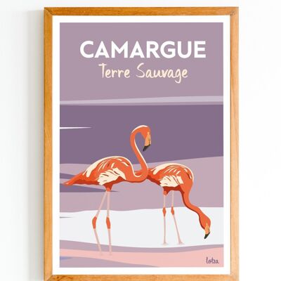 Poster Camargue - Rosa Flamingos - Naturschutzgebiet | Vintage minimalistisches Poster | Reiseposter | Reiseposter | Innenausstattung