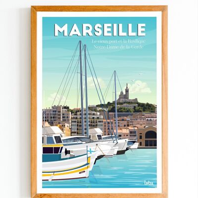 Poster Marsiglia - Porto Vecchio - Notre-Dame de la Garde | Poster vintage minimalista | Poster di viaggio | Poster di viaggio | Decorazione d'interni