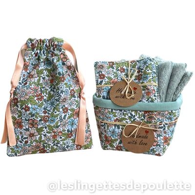 Toallitas desmaquillantes con canasta y bolsa-Kit floreado "cielo"