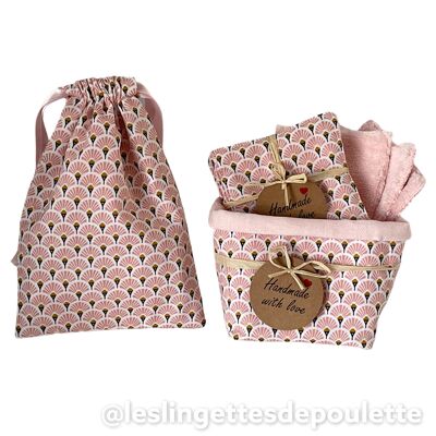 Salviette struccanti con cestino e pochette - kit ventagli "baby pink"